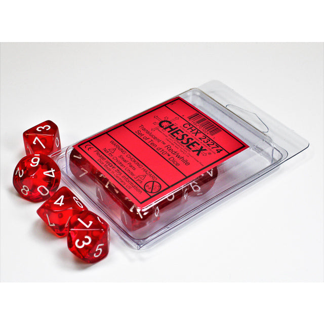 CHX 23274 Translucent Red/white Set of Ten d10s - Gaming Accessory