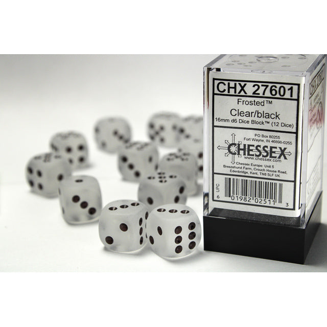 CHX 27601 Frosted Clear/black 16mm d6 Dice Block (12 dice) - Gaming Accessory