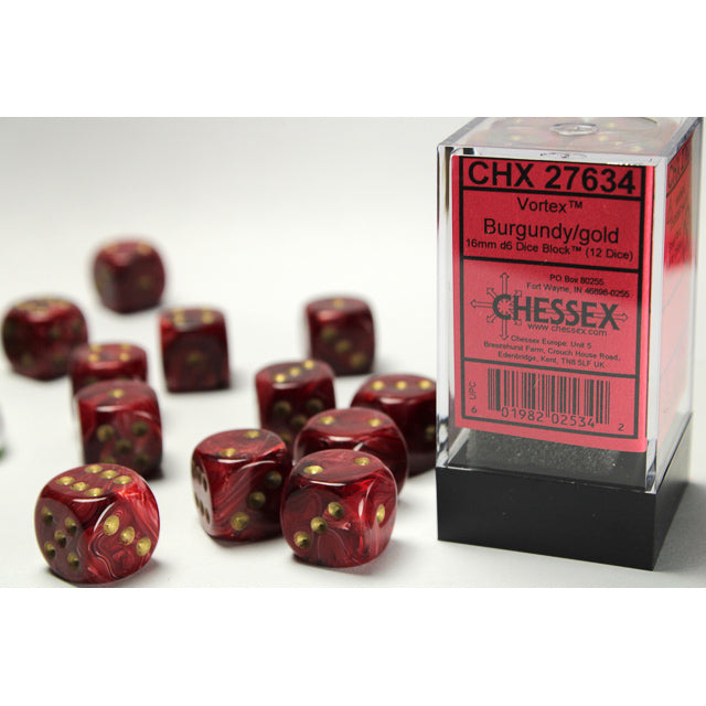 CHX 27634 Vortex Burgundy/gold 16mm d6 Dice Block (12 dice) - Gaming Accessory