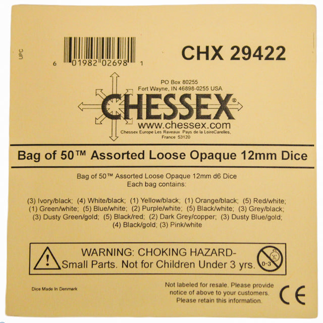 CHX 29422 Bag of 50 Assorted Loose Opaque 12mm d6 Dice - Gaming Accessory