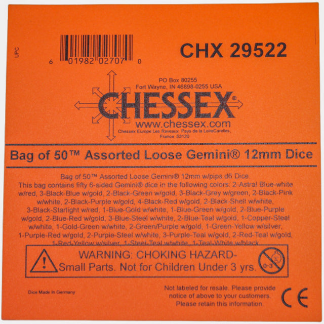 CHX 29522 Bag of 50 Assorted Loose Gemini 12mm w/pips d6 Dice - Gaming Accessory
