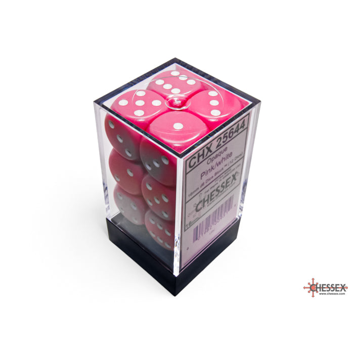 CHX 25644 Opaque Pink/white 16mm d6 Dice Block (12 dice) - Gaming Accessory
