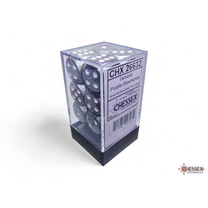 CHX 26632 Gemini Purple-Steel/white 16mm d6 Dice Block (12 dice)