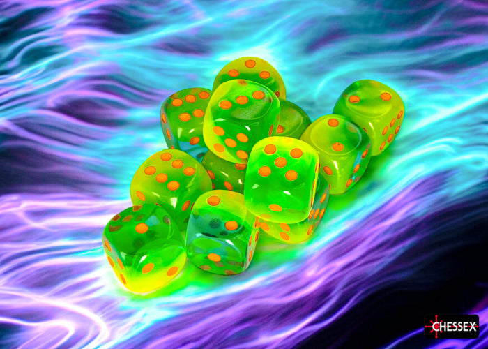 CHX 26670 Gemini Plasma Green-Teal/orange Luminary 16mm d6 Dice Block (12 dice)
