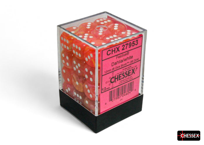CHX 27953 Festive Dahlia/white Luminary 12mm d6 Dice Block (36 dice)