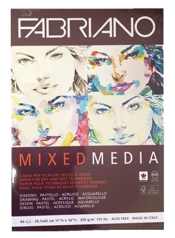 Fabriano Mixed Media Pad A3 with 250gsm paper, 40 sheets for versatile art projects using various mediums.