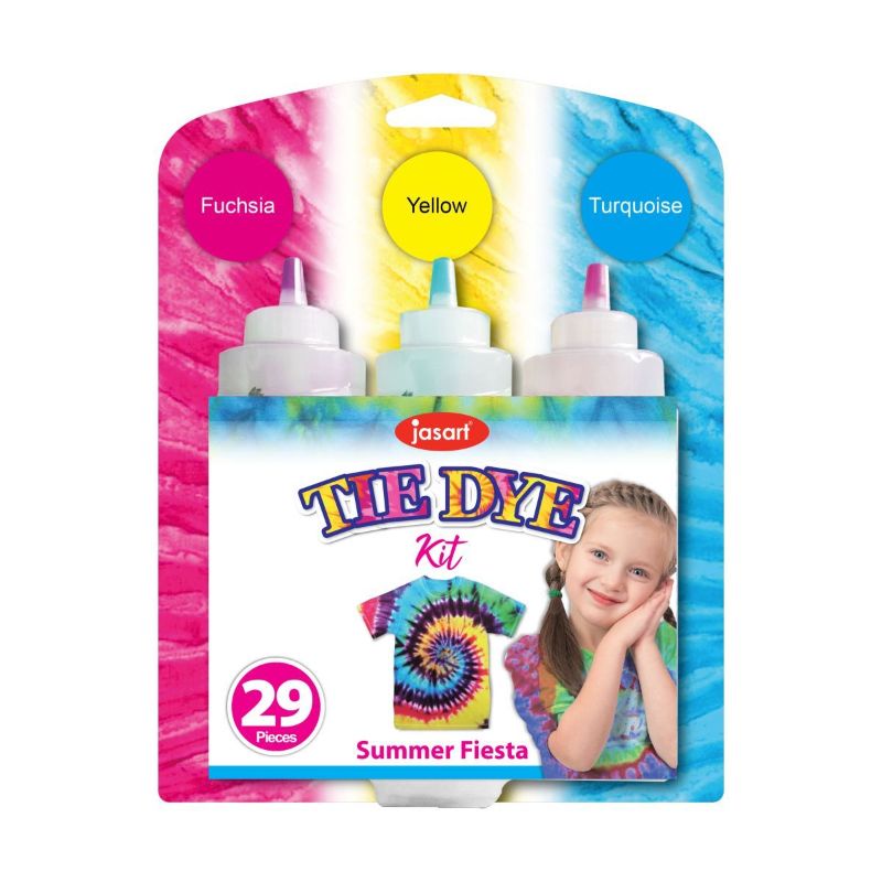 Jasart Tie Dye Summer Fiesta Set featuring vibrant, non-toxic dyes, gloves, elastic bands, and an instructional drop sheet.