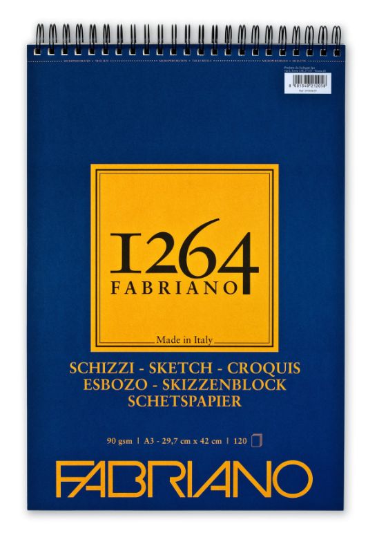 Alt text: Fabriano 1264 Sketch Pad featuring 120 sheets of 90gsm, medium-textured acid-free paper, perfect for various drawing techniques.