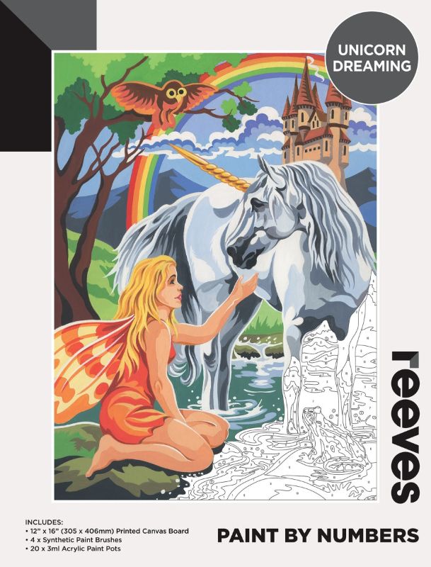 Paint by numbers kit featuring a 12x16 inch unicorn canvas, brushes, and paints for all skill levels.