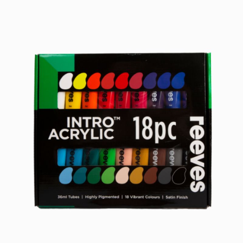 Reeves Intro Acrylic 36ml 18 Piece Set with vibrant colors for versatile painting on canvas, paper, and wood.