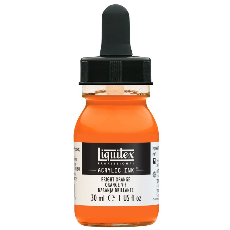 A 30ml bottle of Liquitex Acr Ink in vibrant Bismuth Yellow, ideal for various artistic techniques and quick-drying applications.