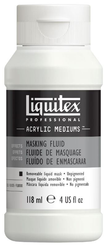 Liquitex Acrylic Masking Fluid 118ml bottle for precise acrylic painting, ideal for masking areas and achieving sharp edges.