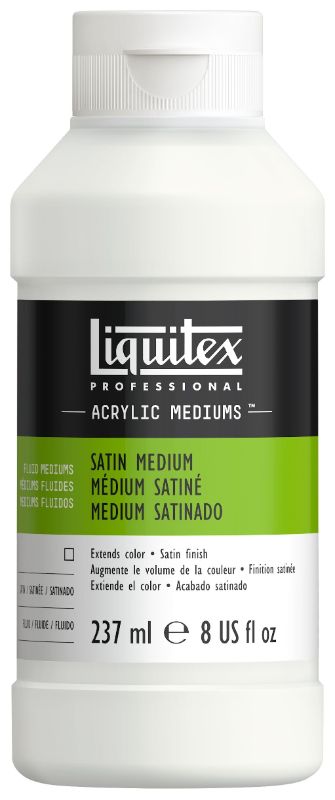 Liquitex Satin Fluid Medium 237ml bottle, perfect for thinning acrylics, enhancing color depth, and providing a satin finish.
