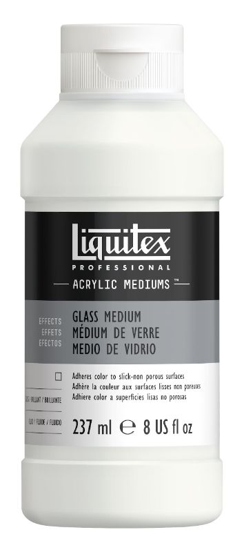 Liquitex Glass Medium 237ml, a glossy acrylic medium for enhancing color and durability on slick surfaces like glass and ceramics.