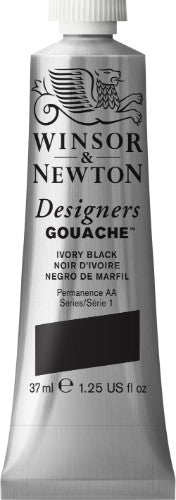 Winsor & Newton Jet Black gouache paint in a 37ml tube, ideal for vibrant illustrations and smooth blending techniques.