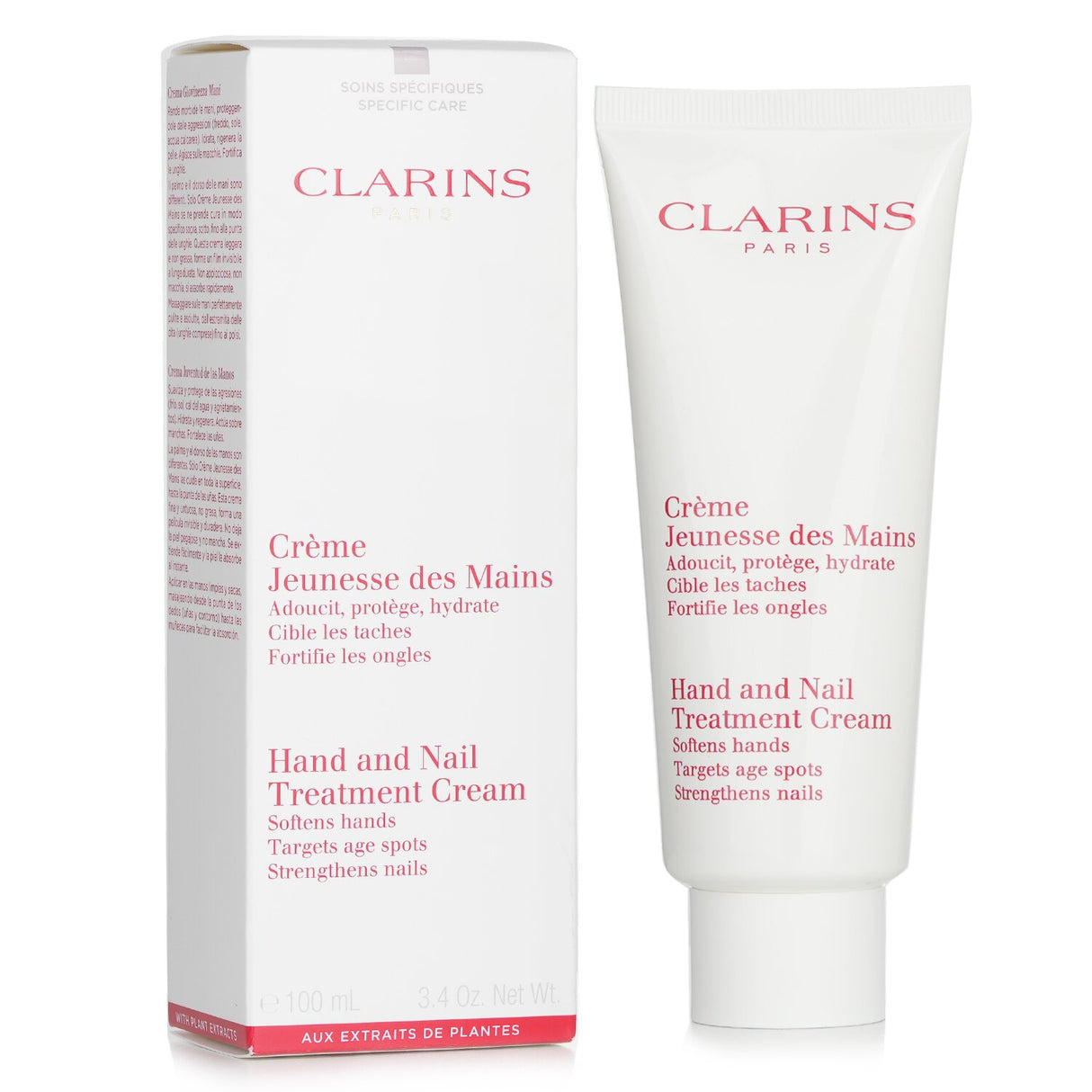Hydrating hand cream from Clarins, enriched to protect hands, strengthen nails, and minimize age spots, in a 100ml tube.