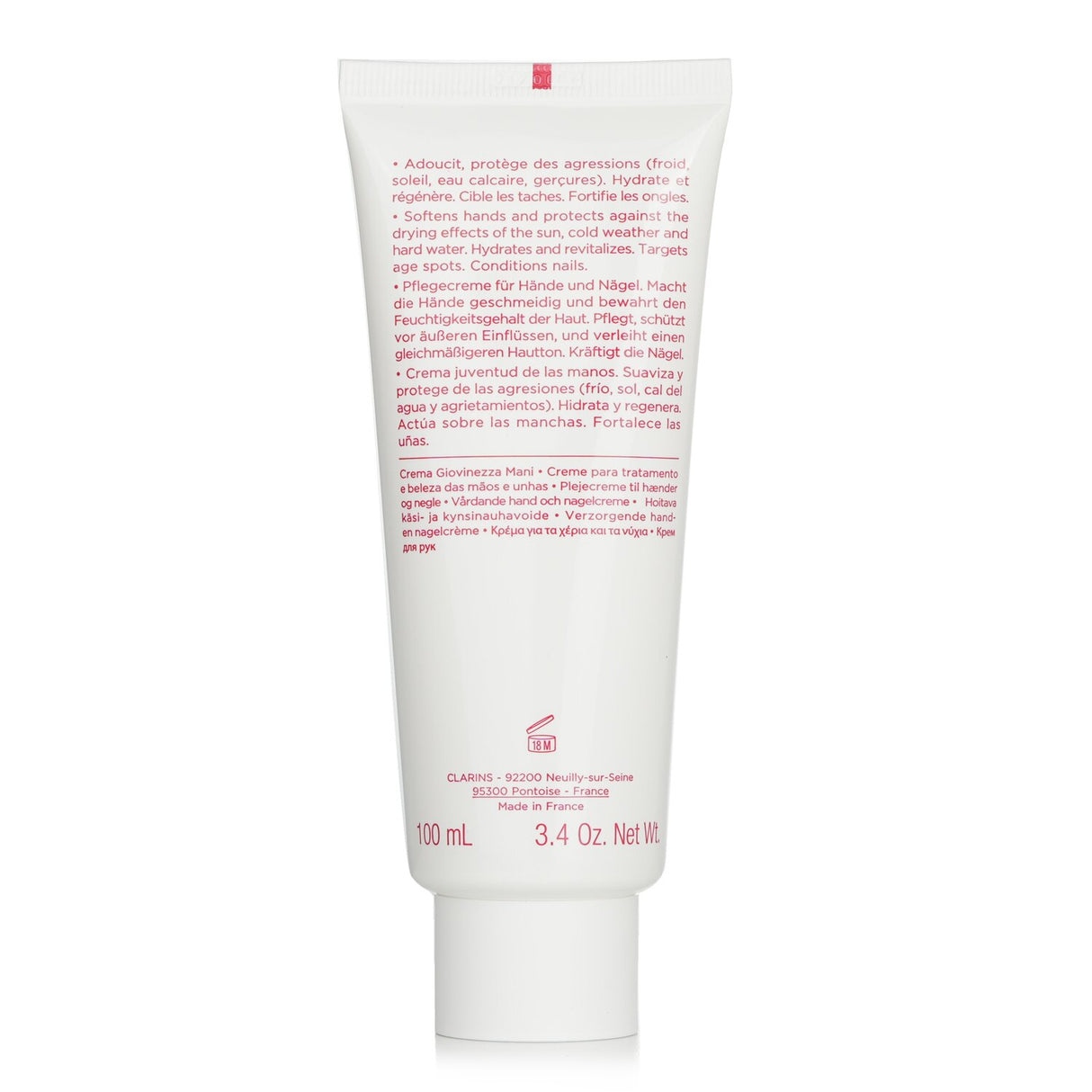 Clarins Hand & Nail Treatment Cream, 100ml, hydrates hands, protects against chapping, and strengthens nails.