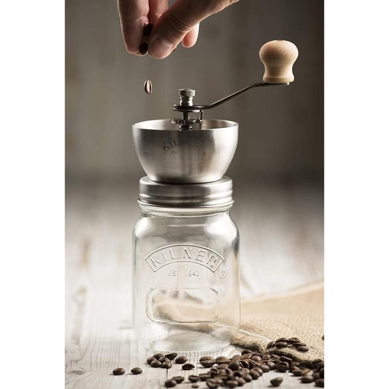 Kilner Coffee Grinder 500ml: Traditional hand grinder with adjustable settings and airtight jar for fresh coffee storage.