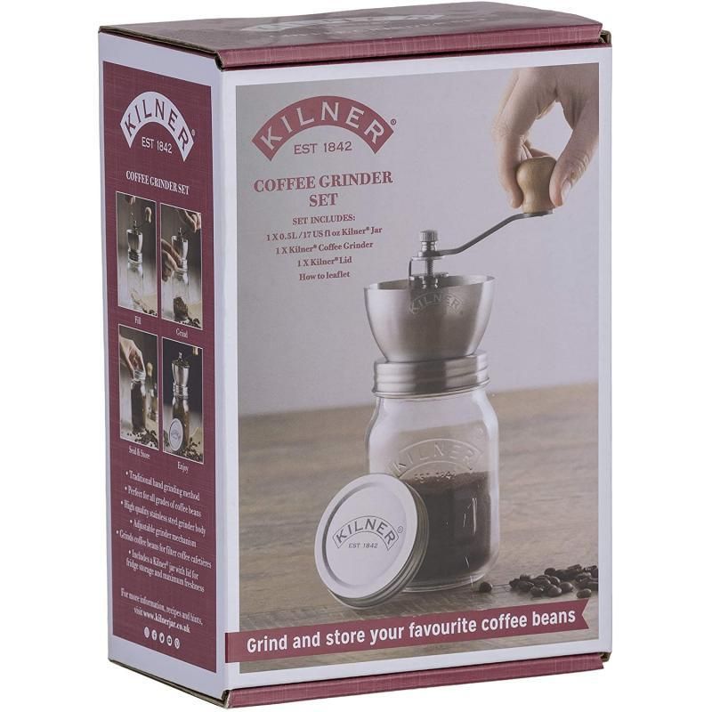 Hand-operated Kilner Coffee Grinder with 500ml glass jar for fresh coffee, featuring adjustable grind size and airtight seal.