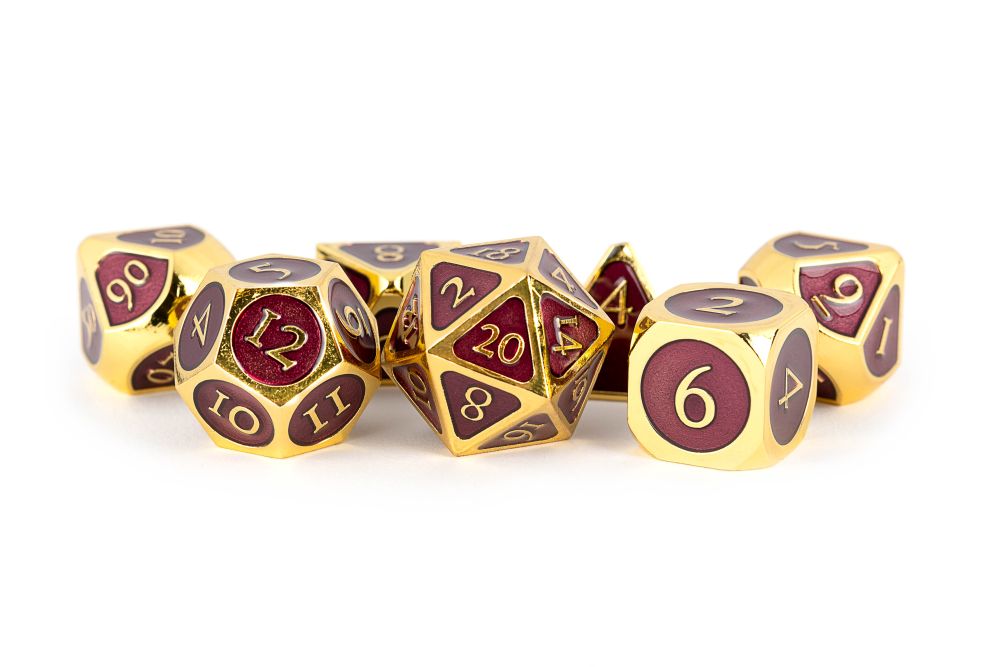 Fanroll: 16mm Metal Polyhedral Dice Set: Gold w/ Purple Enamel