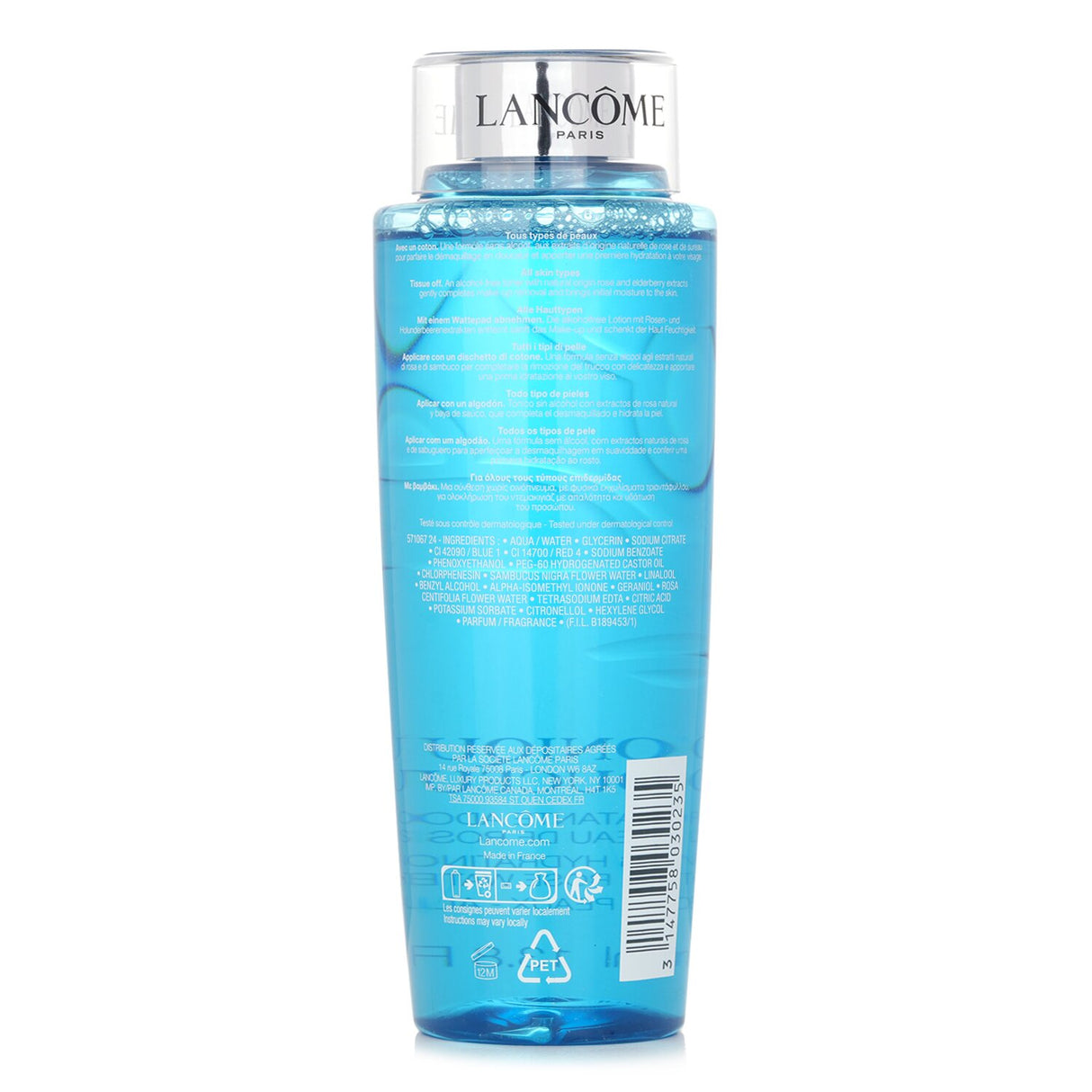 A 400ml Lancome Tonique Douceur facial toner, alcohol-free and enriched with flower-water for refreshing hydration.