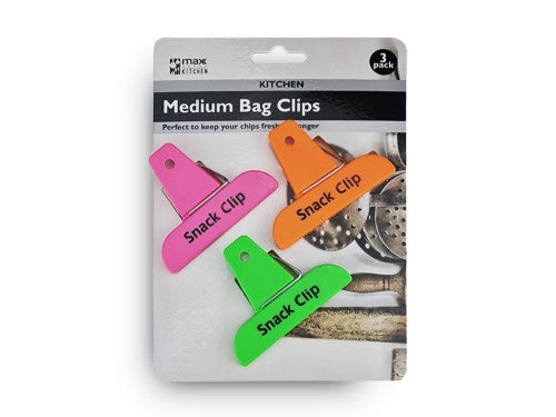 Max Brand Medium Bag Clips, 3pcs, vibrant colors, durable, ideal for sealing snacks, bulk pack of 48 for fresh food storage.