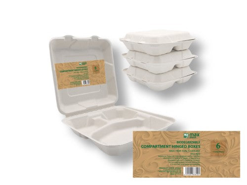 4 Compartment Hinged Box made from eco-friendly sugarcane pulp, ideal for takeaway and meal prep, featuring a secure lid.