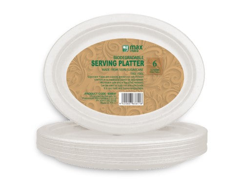 Biodegradable oval serving platter made from sugarcane pulp, 320mm, ideal for eco-friendly gatherings and catering.