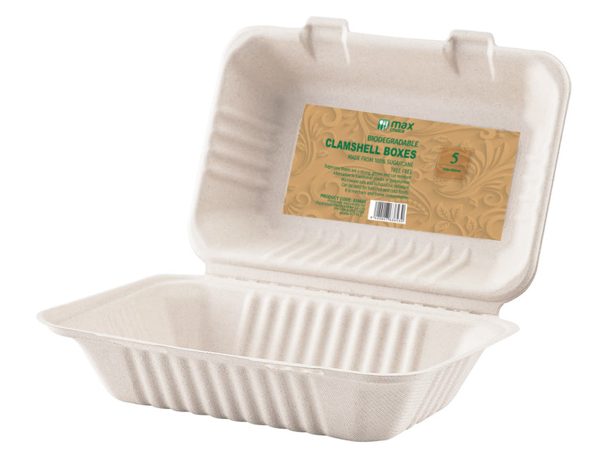 Biodegradable 2-compartment clamshell made from sugarcane pulp, ideal for eco-friendly food service and sustainable packaging.