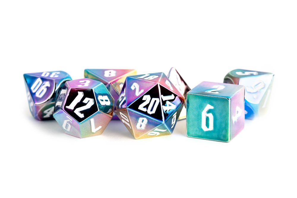Fanroll: 16mm Aluminum Plated Acrylic Poly Dice Set: Rainbow Aegis w/ White