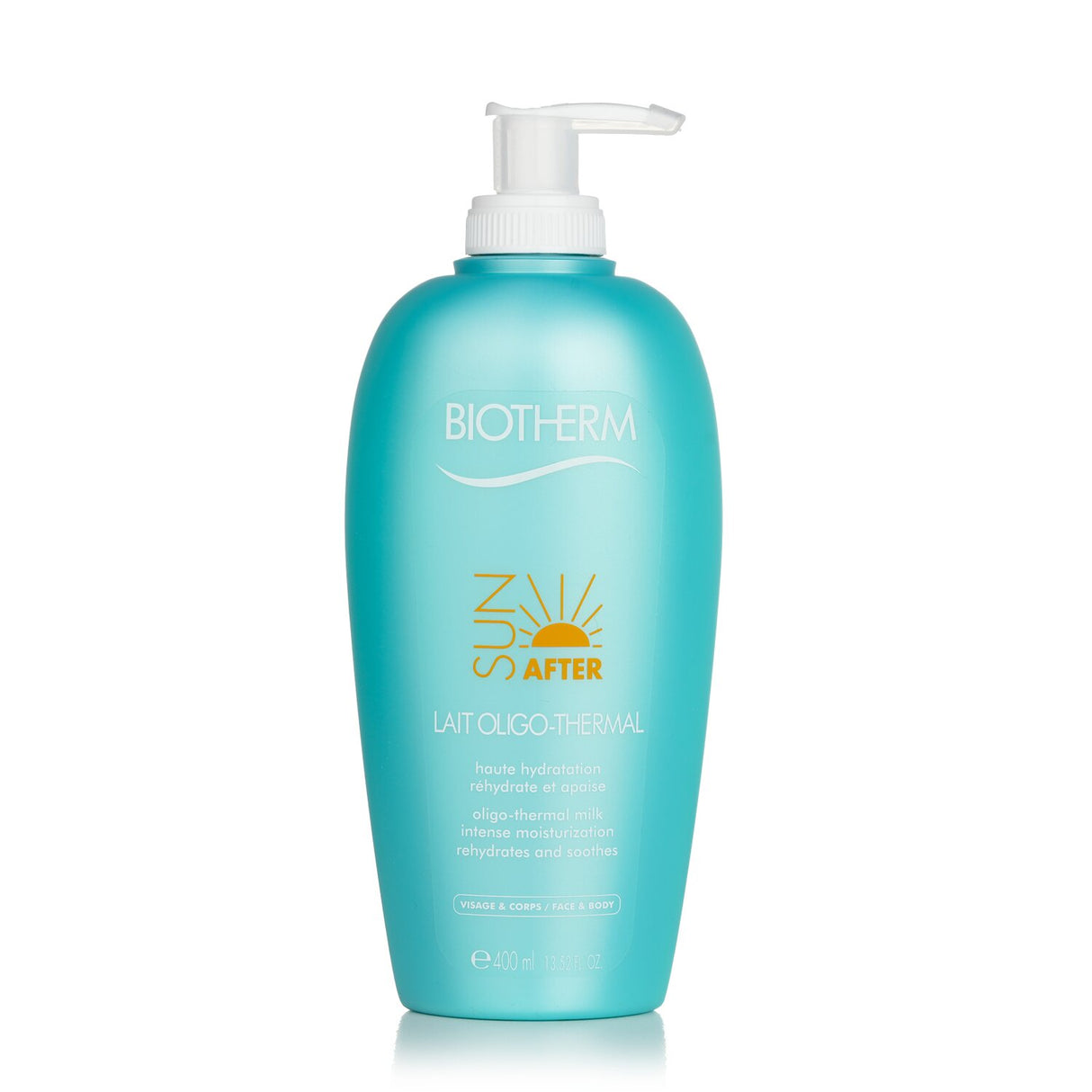 Biotherm Sunfitness After Sun Milk in 400ml bottle, soothing and hydrating for sun-kissed skin with anti-aging benefits.