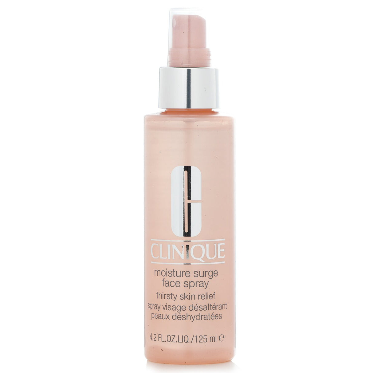 Clinique Moisture Surge Face Spray bottle, a hydrating mist for thirsty skin in a travel-friendly 125ml size.