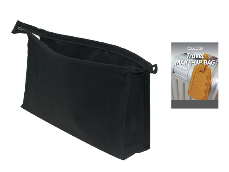 Black travel toiletry bag measuring 30cm, designed for organizing beauty essentials on-the-go, sold as 12 units.