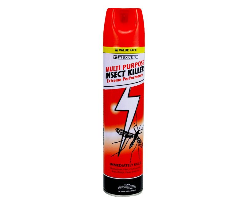 Maxcare All Purpose Insect Killer 600ml spray, effective against ants, cockroaches, and spiders, safe for indoor and outdoor use.