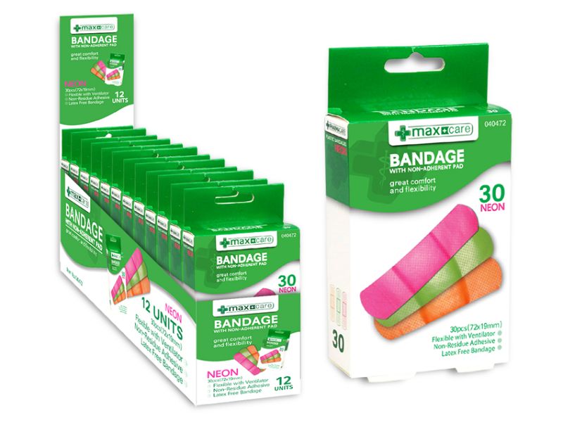 Colorful Maxcare Neon Bandages in a bulk pack of 12, perfect for fun and effective minor wound care.