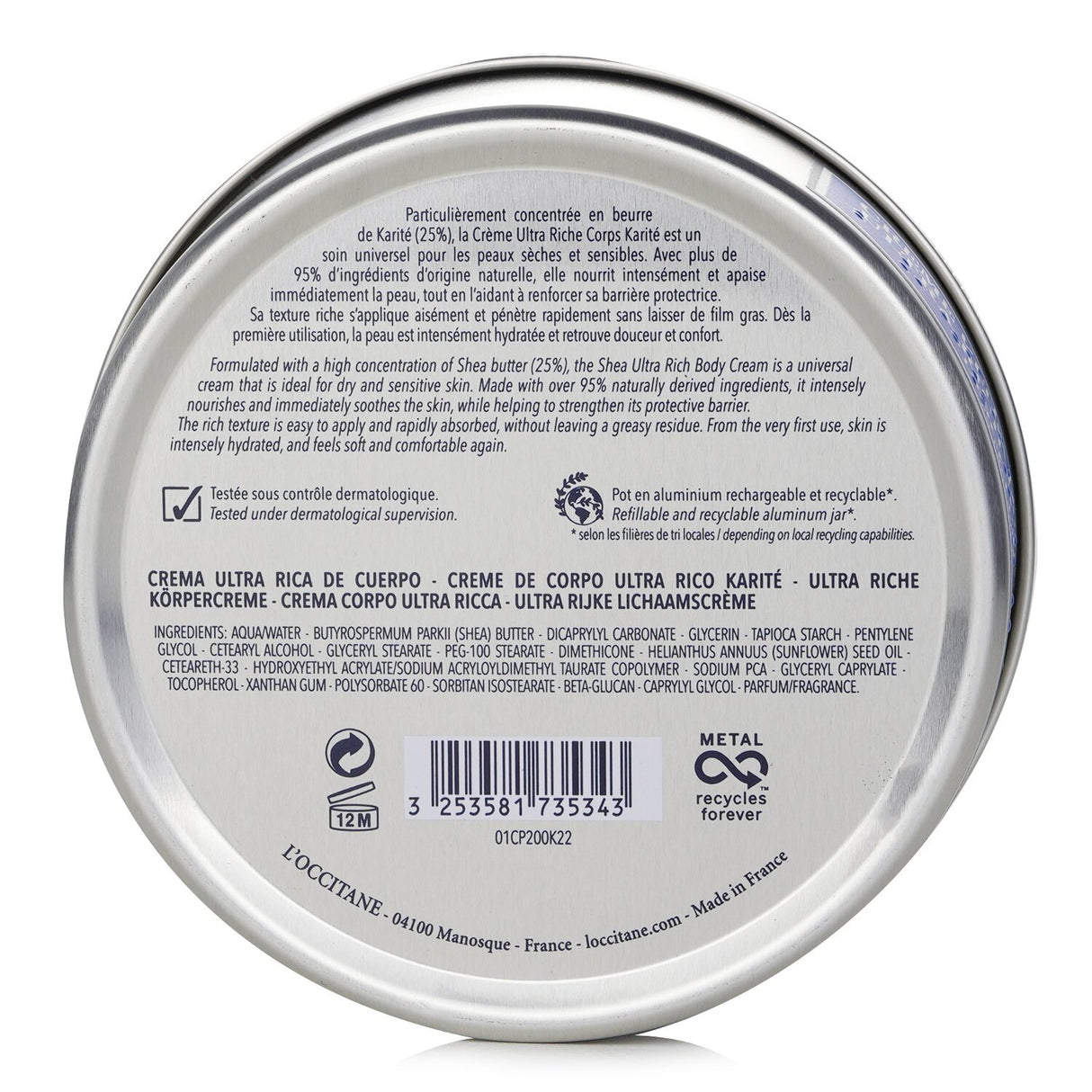 L'Occitane Shea Butter Ultra Rich Body Cream in a 200ml jar, offering intense hydration and nourishment for dry skin.