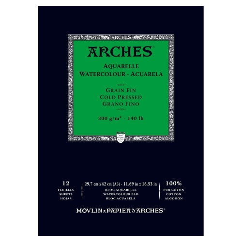 High-quality A3 Arches watercolour pad, 300gsm, cold-pressed, made from 100% cotton for excellent stability and color vibrancy.