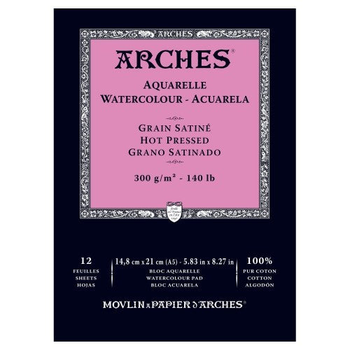 High-quality Arches A5 hot pressed watercolor pad, 300gsm, made from 100% cotton for excellent water absorption and durability.