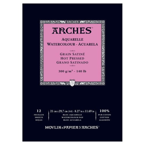 High-quality Arches A4 watercolour pad, 300gsm, hot pressed, ideal for vibrant, stable watercolor artwork.
