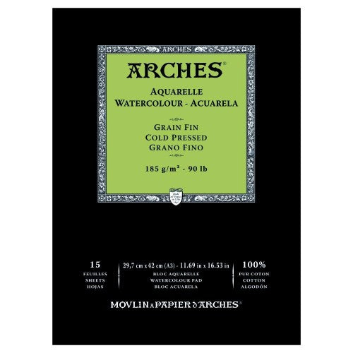 Arches A3 Cold Pressed Water Colour Pad, 185gsm, 15 sheets of premium, 100% cotton, scratch-resistant, ideal for vibrant watercolour techniques.