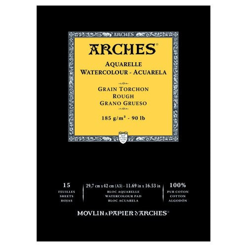 Arches Water Colour Pad A3, 185gsm, rough texture, 15 sheets, ideal for vibrant watercolour artwork without warping.