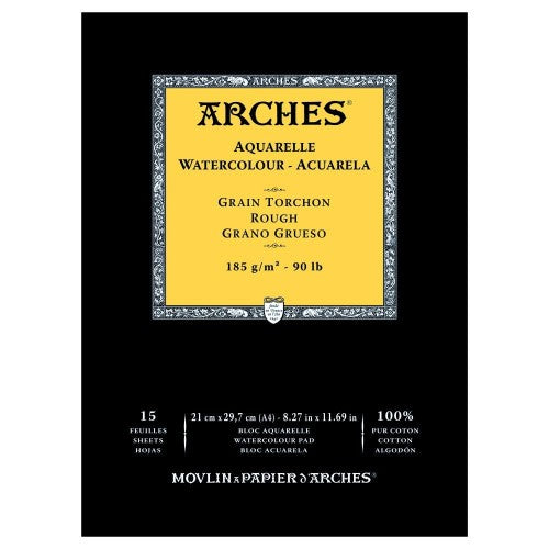 Arches A4 Water Colour Pad, rough texture, 185gsm, 100% cotton, 15 sheets, ideal for stable, vibrant watercolor artwork.