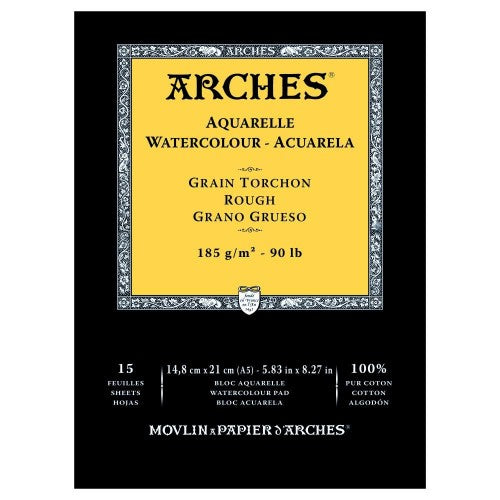 A5 Arches watercolor pad with 15 sheets of rough 185gsm paper, designed for vibrant, durable watercolor artwork.