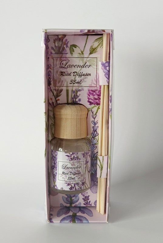 Lavender reed diffuser in a 35ml bottle, offering a calming aroma for relaxation and a serene home atmosphere.