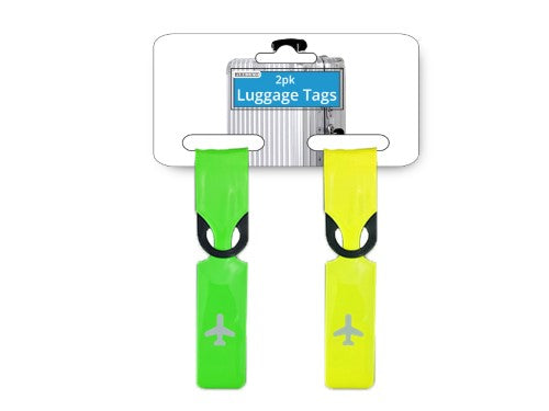 Colorful Maxcare luggage tags in packs of two, perfect for easy identification and personalization during travel.
