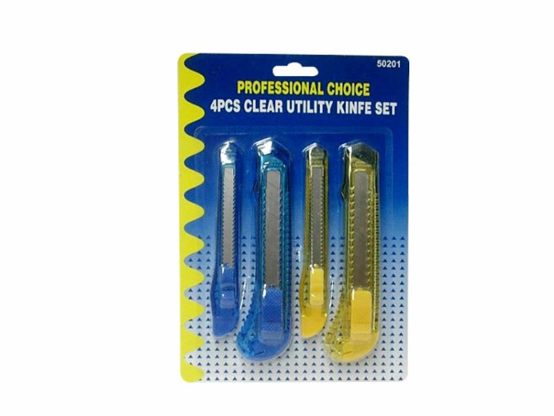 Clear Utility Knife Set with 12 sets, featuring 4 ergonomic, retractable utility knives for precise cutting tasks.