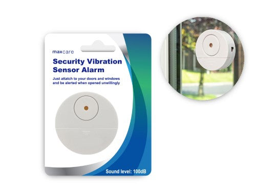 Vibration sensor alarms from Maxcare in a set of 12 for comprehensive home security and easy installation.