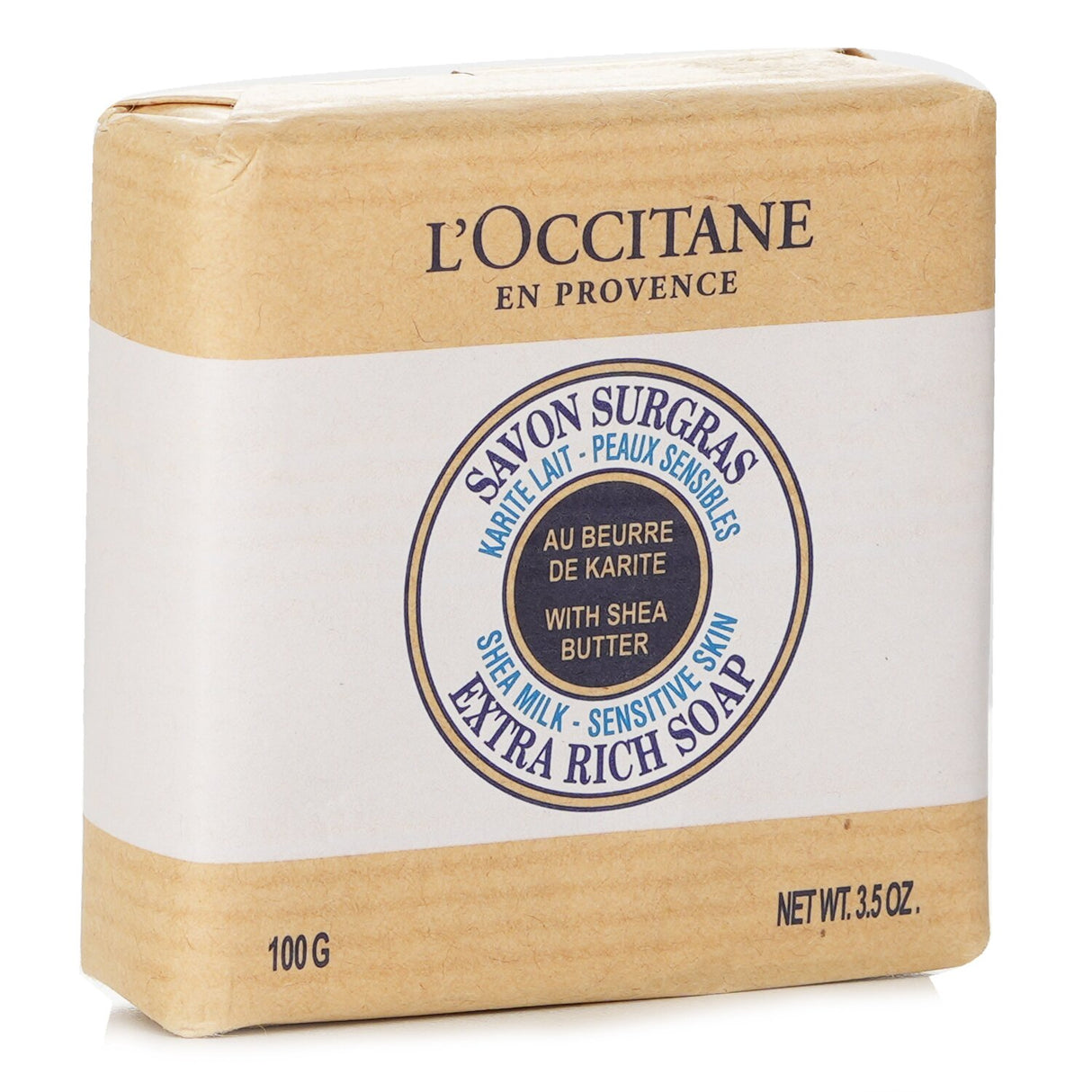 L'Occitane Shea Butter Extra Gentle Soap in Milk; 100g bar nourishes skin with shea butter for a soft, hydrating wash.