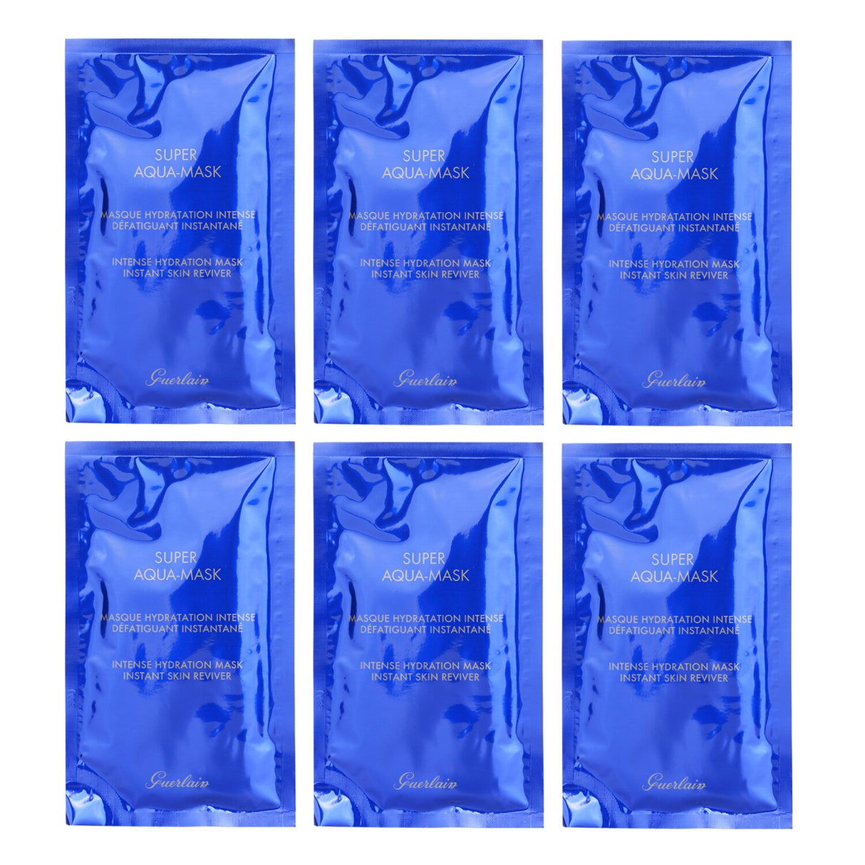 Guerlain Super Aqua-Mask sheet mask package with six masks designed for intense hydration and revitalization of all skin types.