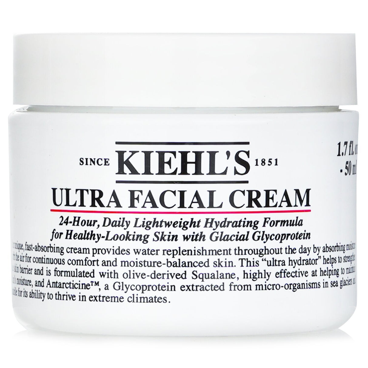 Kiehl's Ultra Facial Cream 50ml, a lightweight moisturizer providing 24-hour hydration for smooth, supple skin.